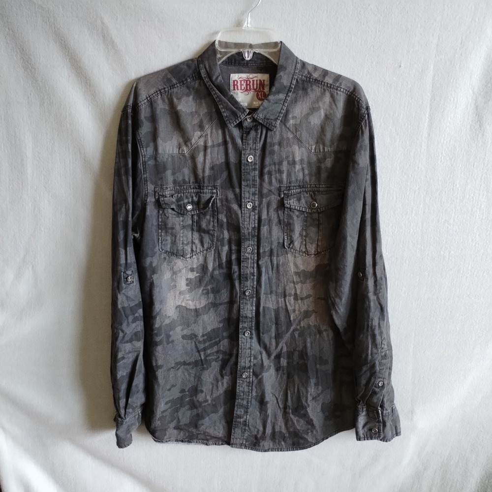 RERUN Mens Shirt XL Camo Charcoal Gray Metal Button Western Long Sleeve Roll Tab